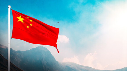 China Flag with Beautiful sky and with mountains