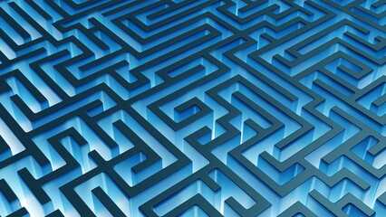 Labyrinth glow blue maze structure confusing way to the exit. Breaking the deadlock. 3d render