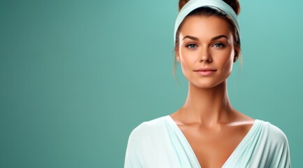 Fototapeta premium Calm Woman in Spa Attire on a Seafoam Green Background with Space for Copy