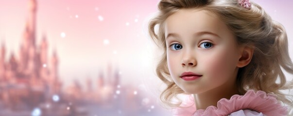Fototapeta premium Adorable Girl in Princess Costume on a Fairytale Pink Background with Space for Copy.