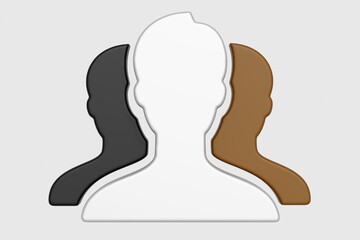 Group of people, racial diversity icon. Three people of different skin colors. 3d render