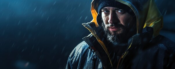 Rugged Fisherman in Rain Gear on a Navy Blue Background with Space for Copy.