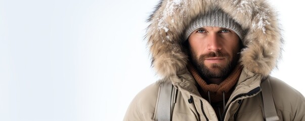 Serious Caucasian Man in Winter Clothing on a White Background with Space for Copy.