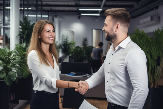 Happy business woman manager handshaking at office meeting. Smiling female hr hiring recruit at job interview, bank or insurance agent, lawyer making contract deal with client at work. Generative AI.
