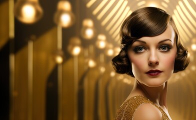 Woman in 1920s Flapper Dress on an Art Deco Gold Background with Space for Copy.
