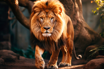 Fototapeta premium A lion walks in a jungle and looks forward