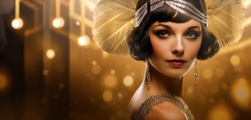 Woman in 1920s Flapper Dress on an Art Deco Gold Background with Space for Copy. - obrazy, fototapety, plakaty