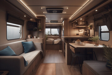 Relaxation areas for road travel. Travel transport and entertainment concept. Cosy Interior of motor home camping car, furnishing decor of salon area, comfortable modern caravan house. Generative AI - obrazy, fototapety, plakaty