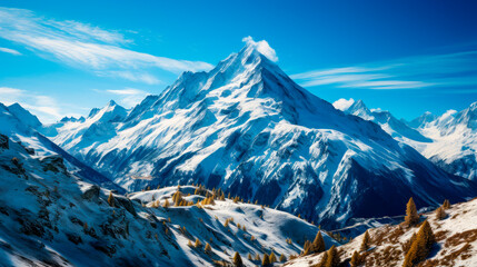 Panoramic view of snowy mountains in a mountain range