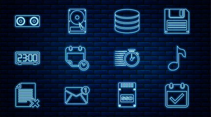 Set line Calendar with check mark, Music note, tone, Database, and clock, Digital alarm, Stereo speaker, Stopwatch and Hard disk drive HDD icon. Vector