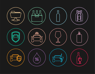 Set line Wine bottle with glass, Burning candle, Bottle of wine, Police car flasher, Car protection or insurance, FTP folder, and Bottles box icon. Vector