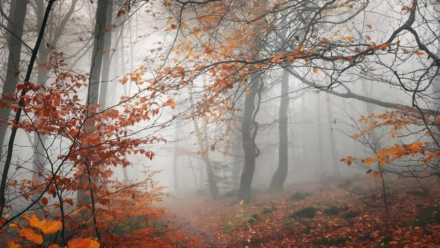 Foggy scene in a forest in autumn, with red beech leaves and a small footpath under the trees, panning footage
