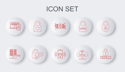 Set line Password protection, Server VPN, with microchip circuit, Network cloud connection, Two steps authentication, Padlock heart, Lock and key and Smart car alarm system icon. Vector