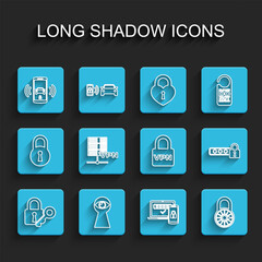 Set line Lock and key, Keyhole with eye, Smart car alarm system, Two steps authentication, Safe combination lock wheel, Server VPN, Password protection and icon. Vector