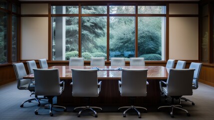 An empty boardroom with a large conference table and chairs.