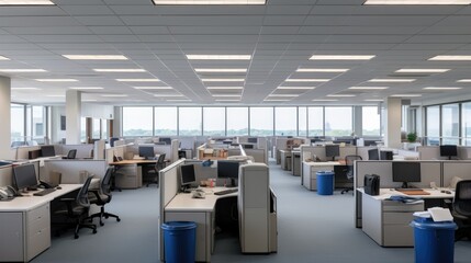 A panoramic view of an open office layout with cubicles, desks, and computers.