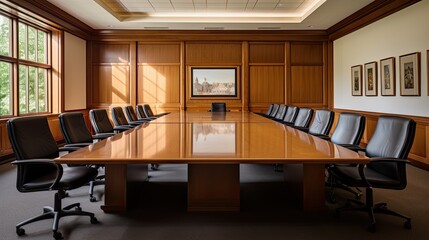 An empty boardroom with a large conference table and chairs.