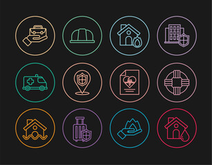 Set line House flood, Lifebuoy, Fire in burning house, Location shield, Emergency car, Hand holding briefcase, Health insurance and Worker safety helmet icon. Vector
