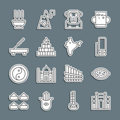 Set line India Gate in Delhi, Kheer bowl, Indian textile fabric, Monkey, Yagna, Scented spa stick, Incense sticks and map icon. Vector
