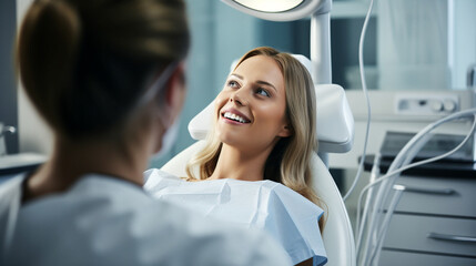 A smiling woman sitting in a dentist's chair. AI generative.