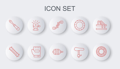 Set line Bicycle ball bearing, suspension, pedals, seat, Screwdriver, bell, Gloves and icon. Vector