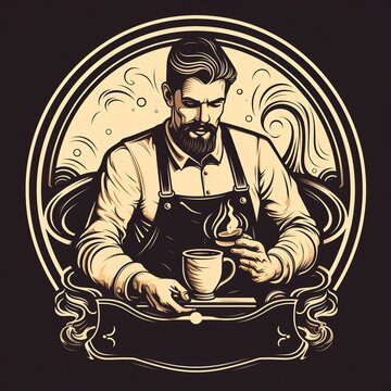Male barista illustration Coffee shop logo Black and white Generate AI