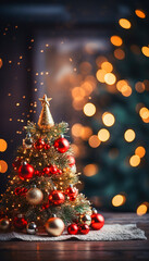Fototapeta na wymiar Christmas banner with blank space for text, xmas tree and sparkle bokeh lights , Generative AI tools