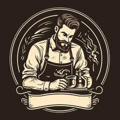 Male barista illustration Coffee shop logo Black and white Generate AI