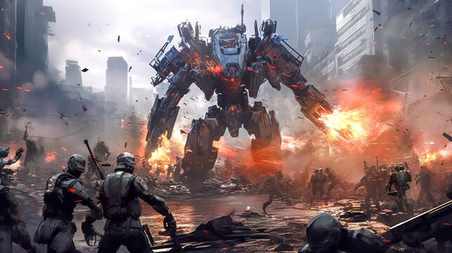 a robot soldier transformer in a futuristic war city.