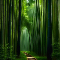 Bamboo forest morning view. Bamboo Bliss, an art piece capturing the tranquil beauty of a bamboo forest. a lush bamboo forest with rays of sunlight filtering through the dense foliage.