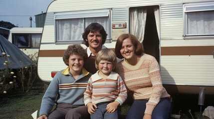 Vintage image of a seventies family sat outside a caravan , 1970s aged photo, Hippie group around 1970 - obrazy, fototapety, plakaty