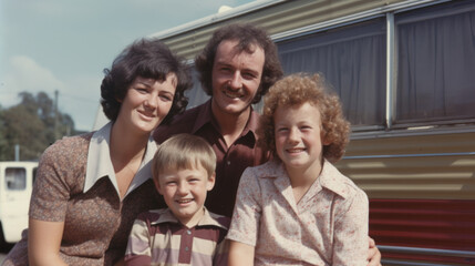 Vintage image of a seventies family sat outside a caravan , 1970s aged photo, Hippie group around 1970