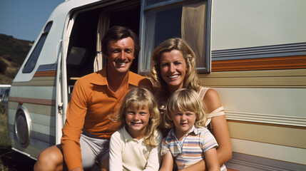 Vintage image of a seventies family sat outside a caravan , 1970s aged photo, Hippie group around 1970