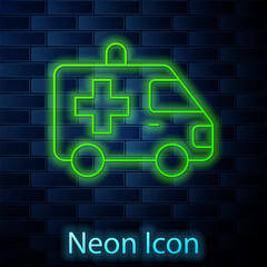 Glowing neon line Ambulance and emergency car icon isolated on brick wall background. Ambulance vehicle medical evacuation. Vector