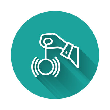 recommend clip art: White line Hypnosis icon isolated with long shadow background. Human eye with spiral hypnotic iris. Green circle button. Vector