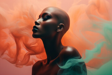Black bald beautiful woman portrait surrounded by colorful smoke and splashes