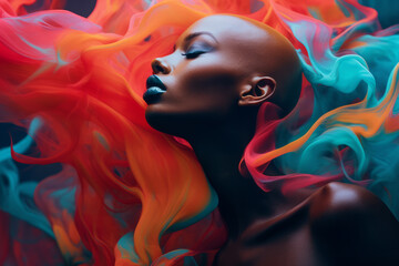 Black bald beautiful woman portrait surrounded by colorful smoke and splashes