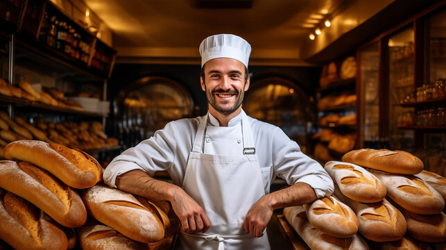European french baker portrait inside his bakery surrounded by many types of bread and baguette