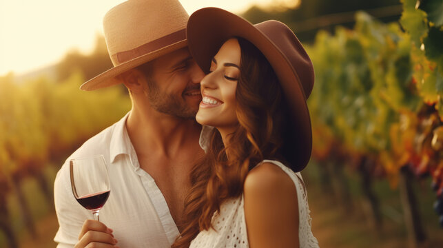 Happy romantic cheerful couple tasting wine in middle of the vineyard after the grape harvest with beautiful sun light