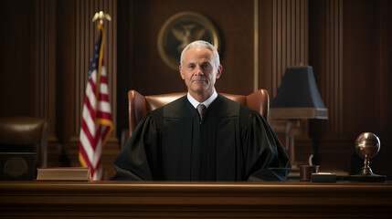 American judge sit behind the judge's bench wearing a black gown , US court judgment or America justice concept image - obrazy, fototapety, plakaty