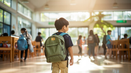 Back view of a boy kid entering the classroom with his backpack , back to school concept image - Powered by Adobe