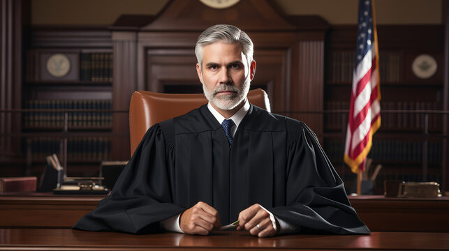 American judge sit behind the judge's bench wearing a black gown , US court judgment or America justice concept image