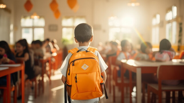 Back view of a boy kid entering the classroom with his backpack , back to school concept image