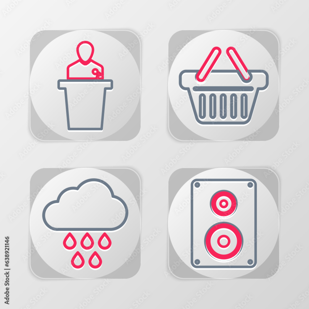 Sticker Set line Stereo speaker, Cloud with rain, Shopping basket and Speaker icon. Vector