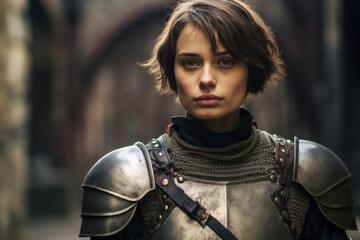Young woman costumed as Joan of Arc aka Jeanne d'Arc wearing a knight plate armor and short bobbed hair