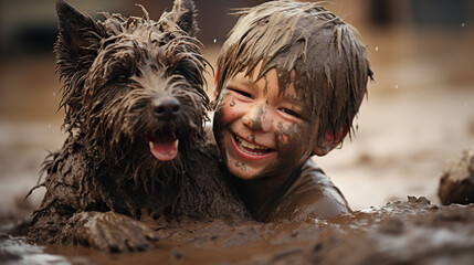 child playing with a dog in the mud