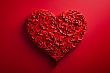Carved Heart - Red Engraved Rose Flower on Warm Light February 14 Valentine's Day Background by Nubes - Generative AI