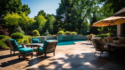 Obraz premium Backyard Oasis: Luxurious Pool and Patio Furniture for Summer Relaxation and Swimming Fun