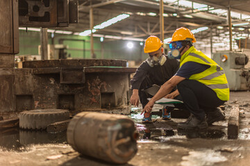 Chemical toxic liquid dirty oil leak danger to environment impacts investigation team working site rescue and examination with safety