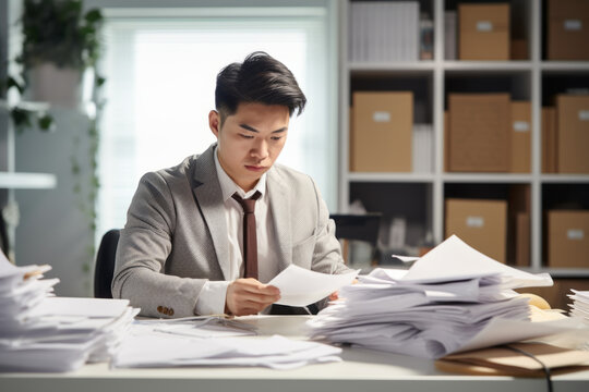 Young busy Asian business man lawyer, tax accountant manager holding paper documents checking bills, doing sales invoice accounting, reading legal contract or bank statement. Generative AI.